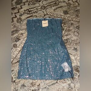 superdown Teal Sequin Strapless Mini Dress